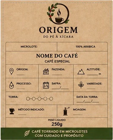 Arte oficial da embalagem Origem em kraft, com campos de identificação do café e da torra.